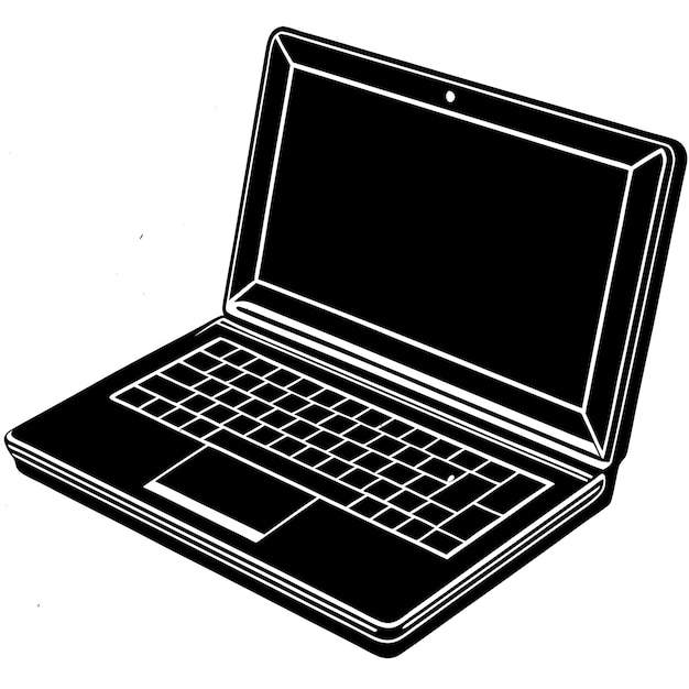 un dibujo en blanco y negro de una computadora portátil con las letras e en la parte inferior