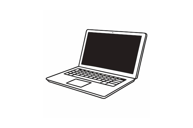 un dibujo en blanco y negro de una computadora portátil con una pantalla negra que dice la palabra en ella