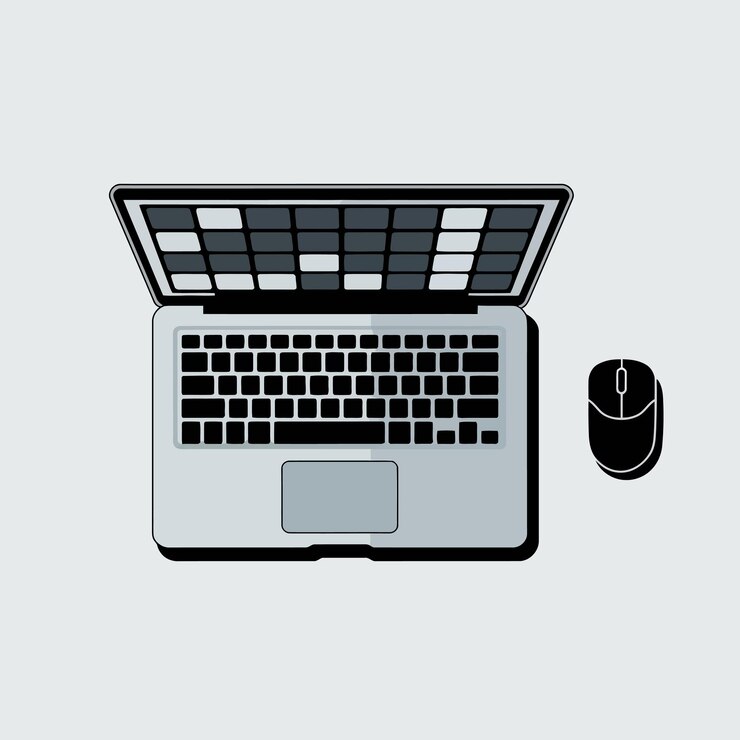 Vector un dibujo en blanco y negro de una computadora portátil con un ratón y un ratón