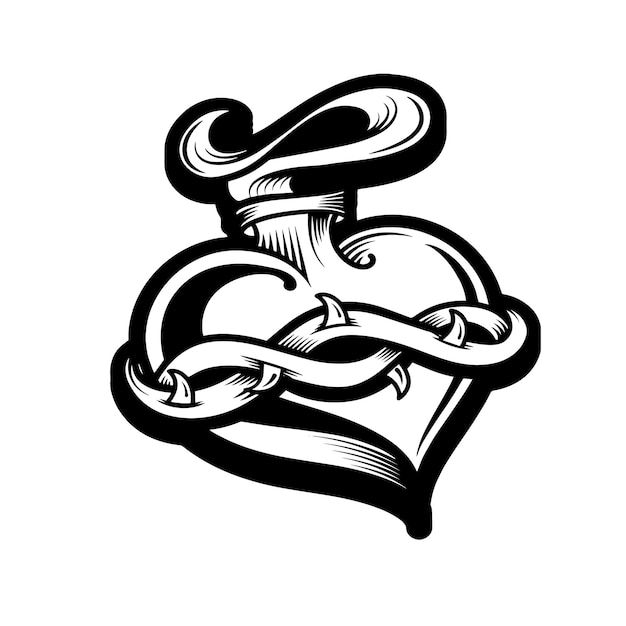 un dibujo en blanco y negro de un corazón con una serpiente en él