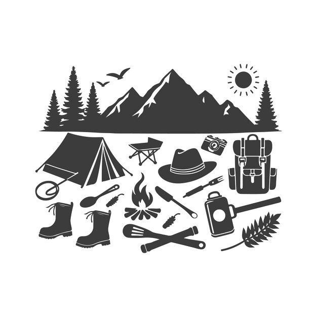 un dibujo en blanco y negro de una cordillera y una tienda