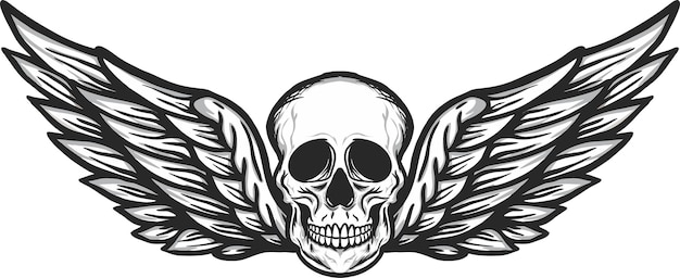 un dibujo en blanco y negro de un cráneo con alas y alas