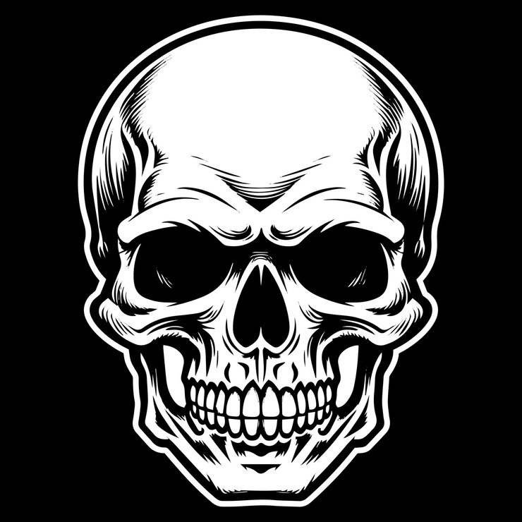 Vector un dibujo en blanco y negro de un cráneo con un cráneo blanco en él