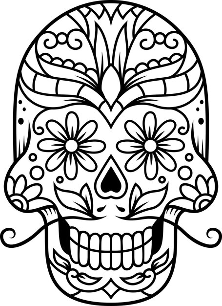 Vector un dibujo en blanco y negro de un cráneo con flores y un cráneo