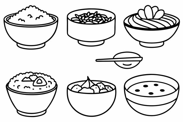 un dibujo en blanco y negro de cuencos de comida y cuencos con diferentes alimentos