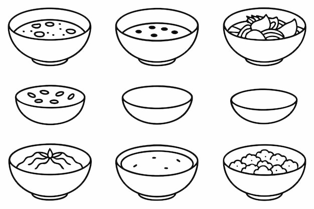 un dibujo en blanco y negro de cuencos de comida con diferentes ingredientes