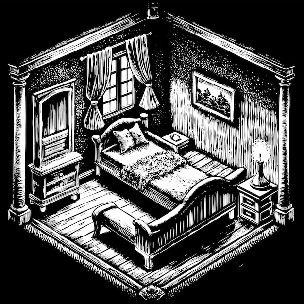 un dibujo en blanco y negro de un dormitorio con una cama y una imagen de una cama