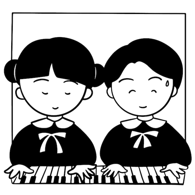 Un dibujo en blanco y negro de dos niños tocando el piano.