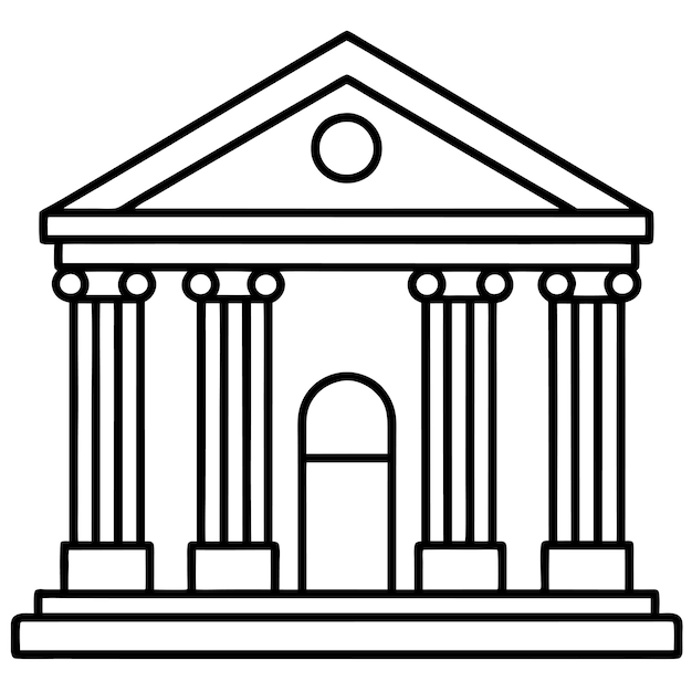 un dibujo en blanco y negro de un edificio con columnas y un círculo en él