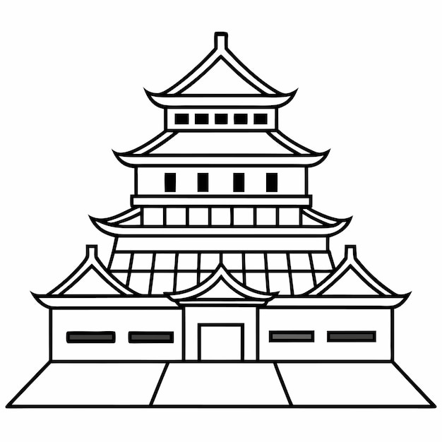 un dibujo en blanco y negro de un edificio con un dibujo de una pagoda en él
