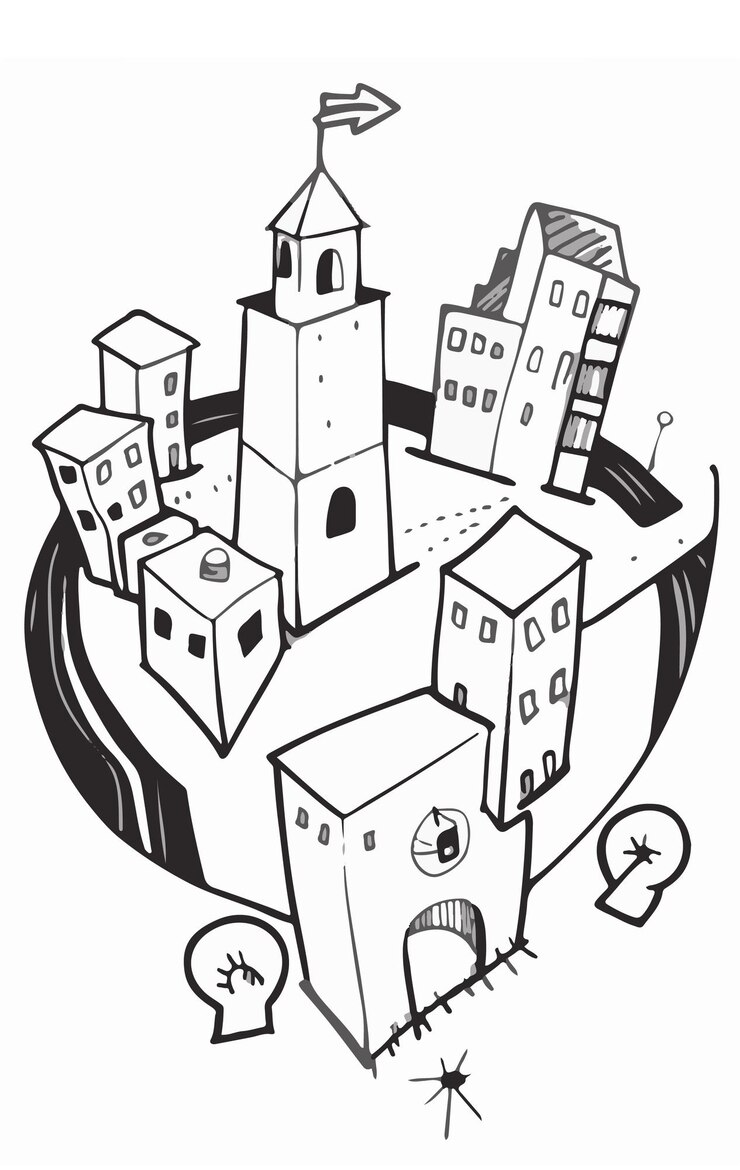 un dibujo en blanco y negro de un edificio con un reloj en él