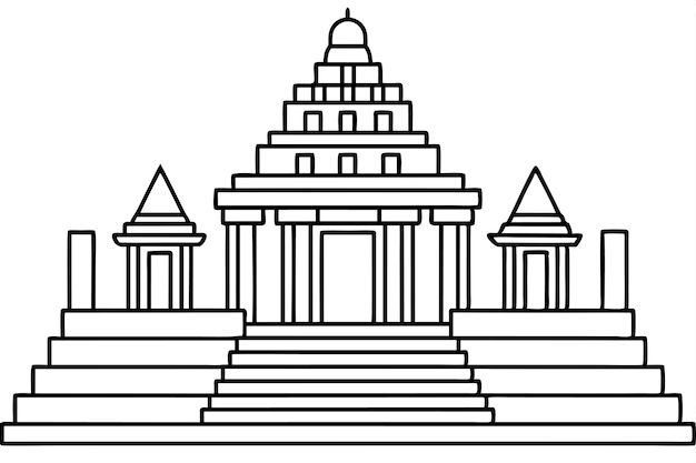 un dibujo en blanco y negro de un edificio con una valla y un edificio con un cerco en el medio