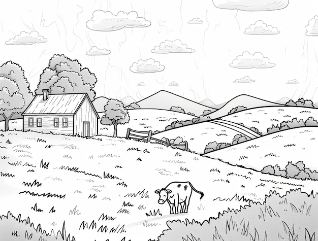 Un dibujo en blanco y negro de una escena de una granja