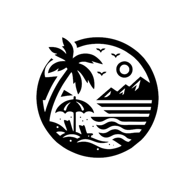 un dibujo en blanco y negro de una escena de playa con palmeras y montañas