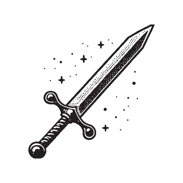 un dibujo en blanco y negro de una espada con estrellas y estrellas