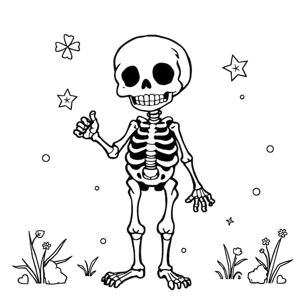 un dibujo en blanco y negro de un esqueleto con una estrella en él
