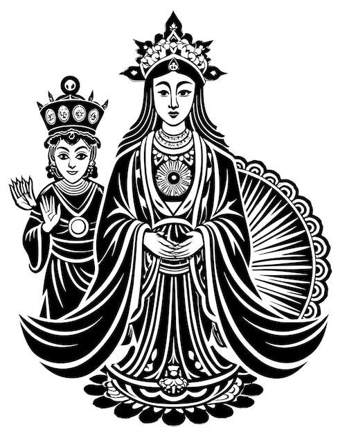 un dibujo en blanco y negro de una estatua con una corona y una mujer en el medio