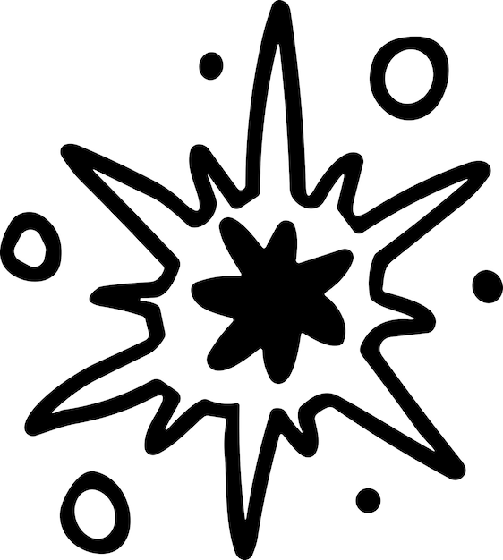 Un dibujo en blanco y negro de una estrella con un punto negro en el centro