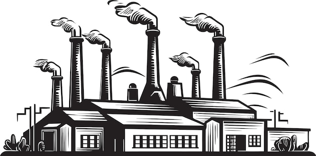 un dibujo en blanco y negro de una fábrica con humo saliendo de ella