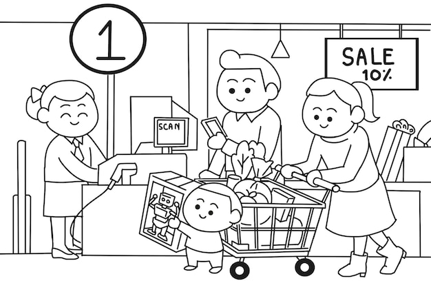 un dibujo en blanco y negro de una familia en una tienda de comestibles