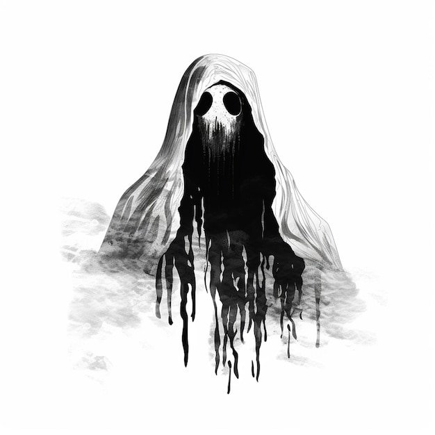 un dibujo en blanco y negro de un fantasma con una cara en el medio