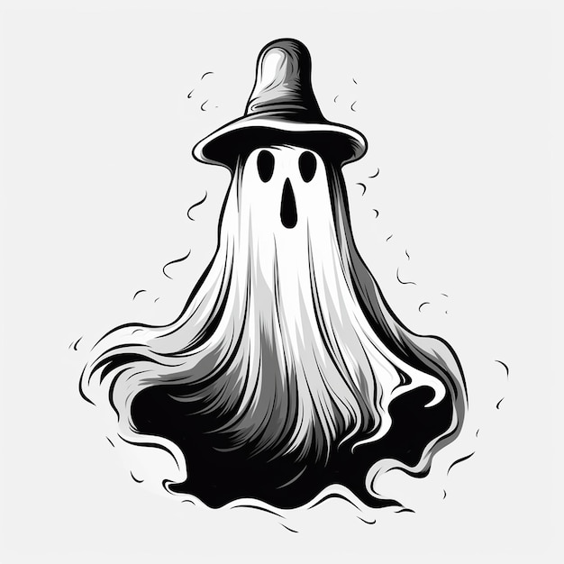 un dibujo en blanco y negro de un fantasma con un sombrero en él