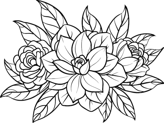 un dibujo en blanco y negro de una flor con hojas y flores