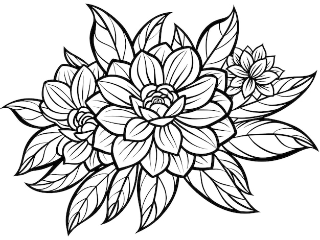 Un dibujo en blanco y negro de una flor de loto con hojas en ella