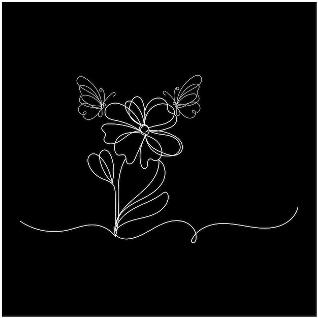 un dibujo en blanco y negro de una flor con mariposas en ella