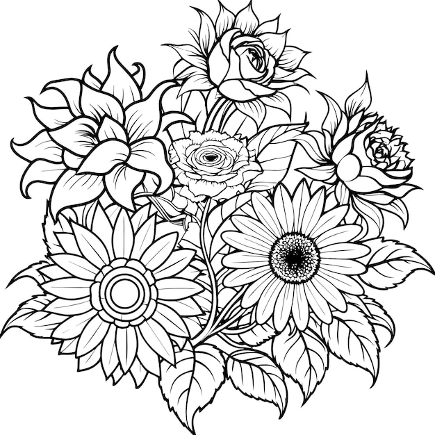 un dibujo en blanco y negro de flores con girasoles en el lado