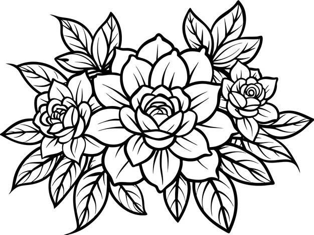 Vector un dibujo en blanco y negro de flores con hojas y flores