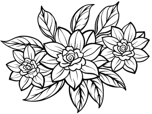 Vector un dibujo en blanco y negro de flores con hojas y hojas