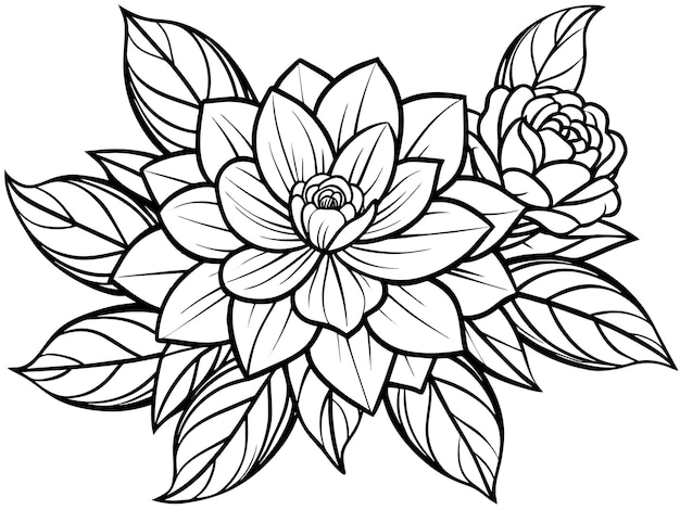 un dibujo en blanco y negro de flores con hojas y hojas