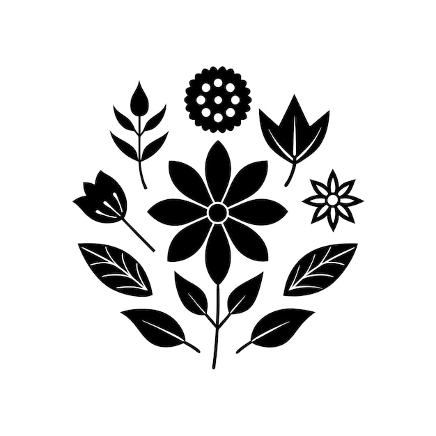 un dibujo en blanco y negro de flores y hojas