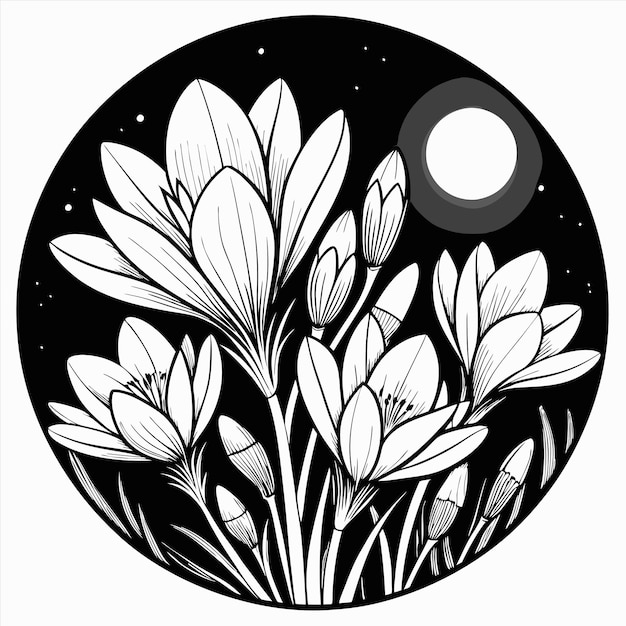 un dibujo en blanco y negro de flores y luna