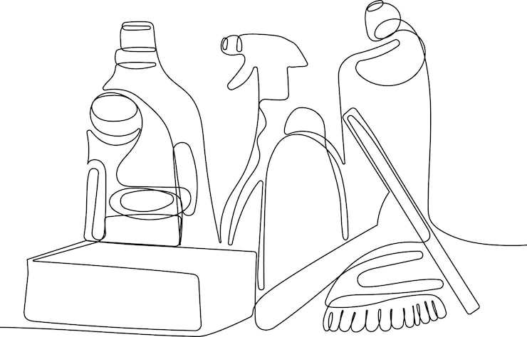 Vector un dibujo en blanco y negro de un fregadero de cocina, una botella de jabón, una botella de agua, un cepillo y una botella de jabón.
