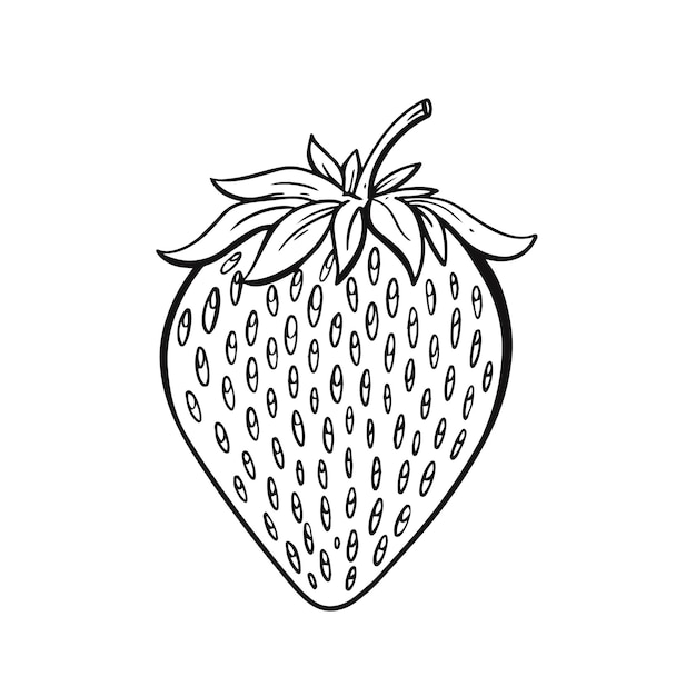 Dibujo en blanco y negro de una fresa con las hojas encima.