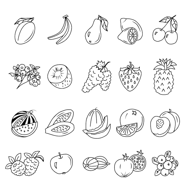 un dibujo en blanco y negro de frutas y verduras