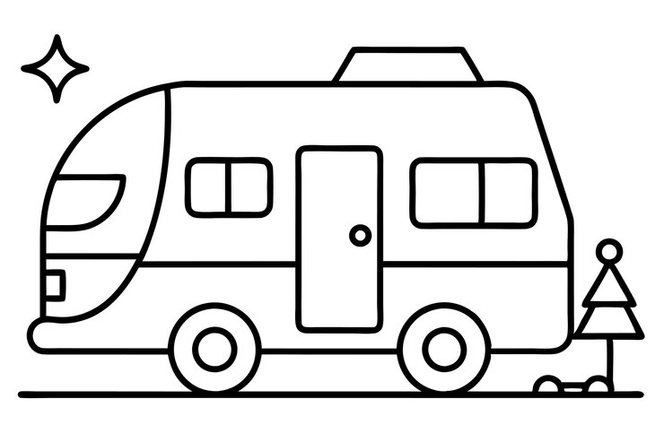 Vector un dibujo en blanco y negro de una furgoneta con una puerta que dice camper en él