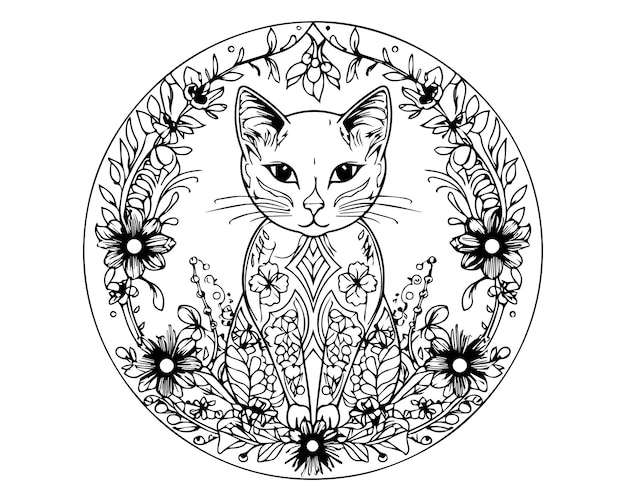 Dibujo en blanco y negro de un gato con flores en la silueta central para colorear, pintar e imprimir