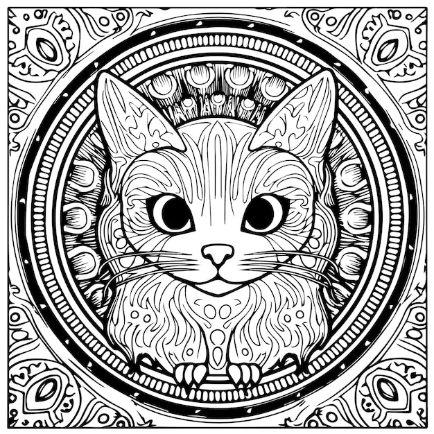 Un dibujo en blanco y negro de un gato con un marco redondo