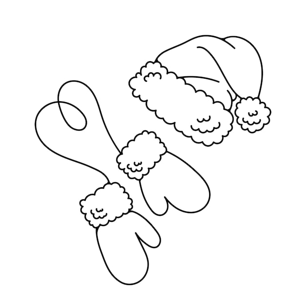 Dibujo en blanco y negro de gorro y manoplas de Papá Noel.
