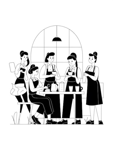 un dibujo en blanco y negro de un grupo de mujeres comiendo en un café