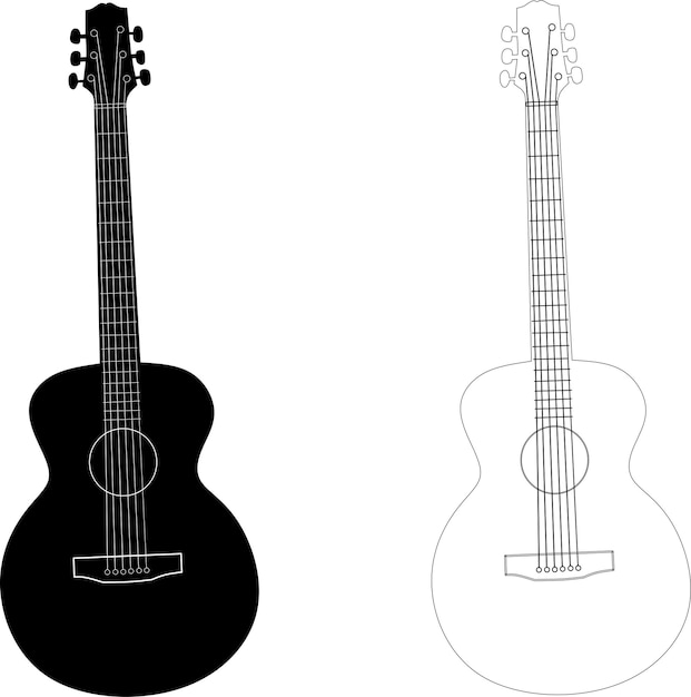 Un dibujo en blanco y negro de una guitarra y un dibujo en blanco y negro de una guitarra.