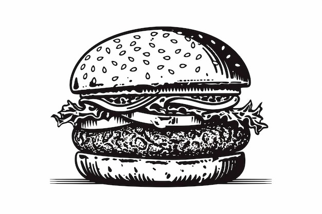un dibujo en blanco y negro de una hamburguesa con una hoja frondosa en ella