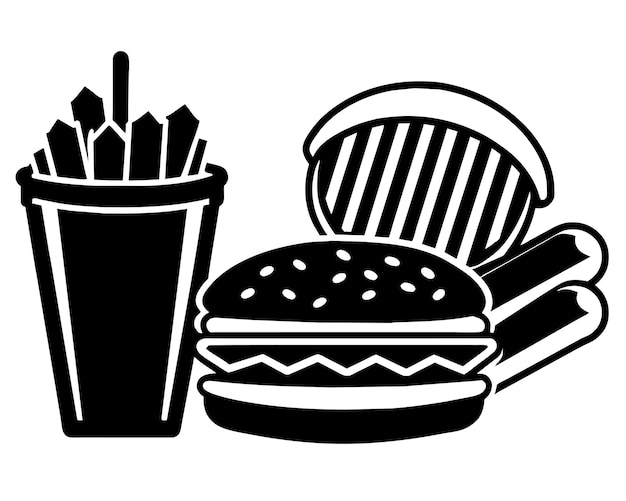 un dibujo en blanco y negro de una hamburguesa y una taza de refresco