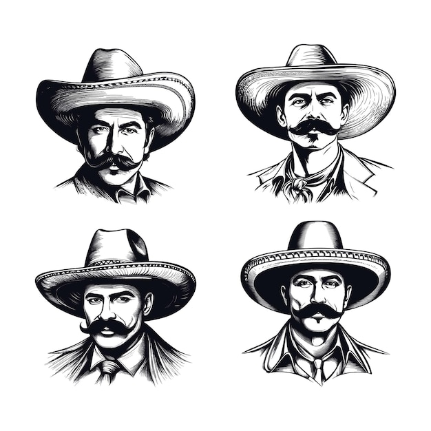 Vector un dibujo en blanco y negro de un hombre con un sombrero de vaquero