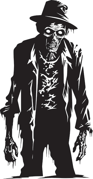 Vector un dibujo en blanco y negro de un hombre en un traje negro con un cráneo en él