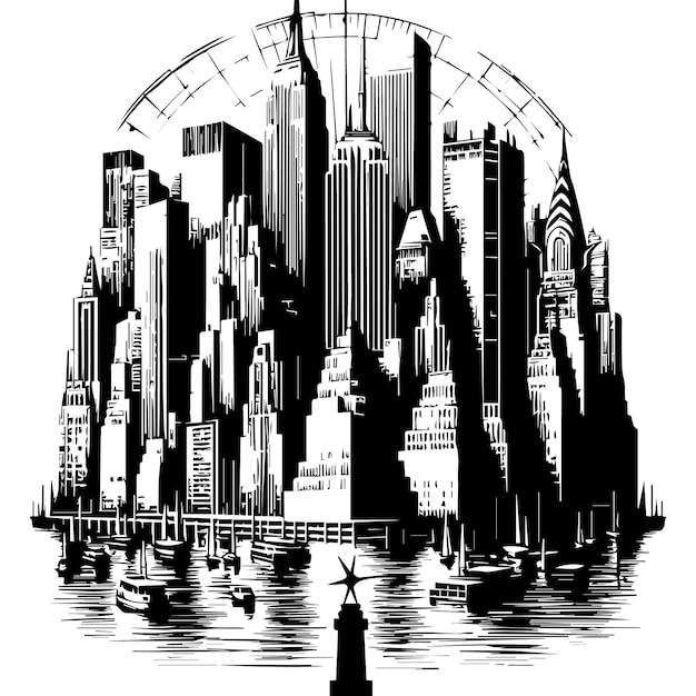 Vector un dibujo en blanco y negro de un horizonte de la ciudad con un barco en el agua