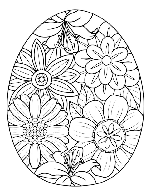 Un dibujo en blanco y negro de un huevo floral con flores y hojas página para colorear dibujada a mano